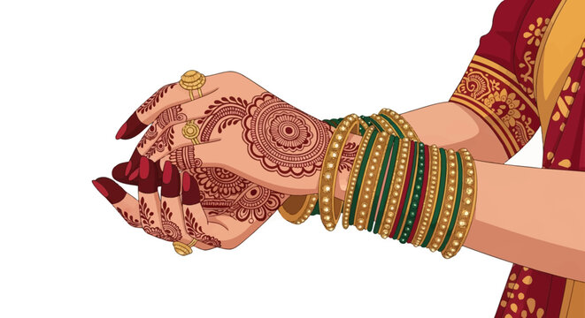 Vector illustration of South Asian woman's hands decorated with intricate brown henna mehndi designs, wearing gold rings and traditional green and gold bangles with red saree.