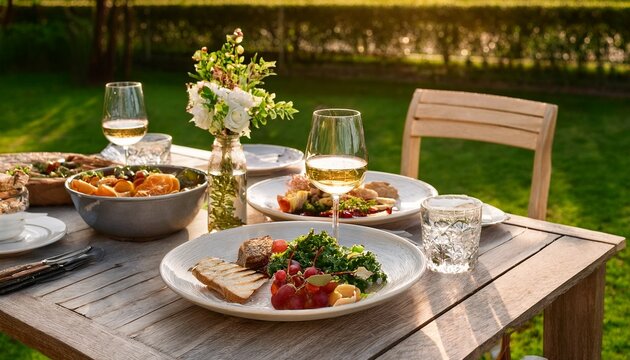 food outside on tables in the garden selective focus