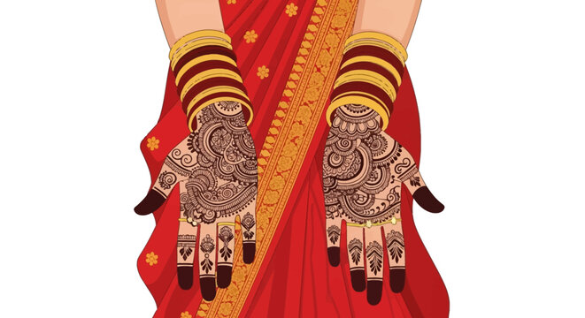 Detailed illustration of two hands with intricate henna mehndi patterns, wearing multiple gold and red bangles and a red silk saree with gold borders, isolated on a white background.