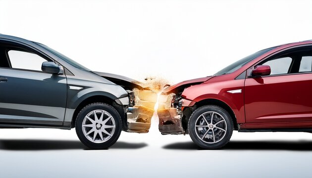 two cars accident violently facing each other on isolated white background
