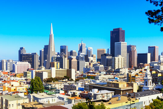 Skyscrapers rise above buildings in the financial district of San Francisco, California, showcasing urban architecture and city life