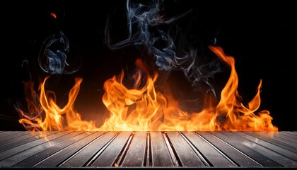 Fototapeta premium empty hot barbecue grill with bright flames and smoke on black background
