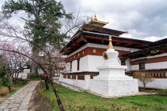 Exploring Kyerchu Temple and its surroundings in Paro, Bhutan during a cloudy day