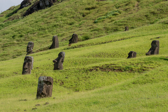 Moai statues at Rano Raraku quarry in Easter Island show ancient artistic creations and cultural significance in history