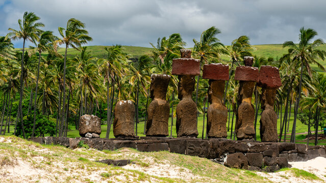 Moai statues stand on the coast of Anakena with palm trees and hills in the background on Easter Island in Chile