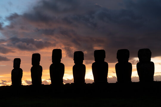 Sunrise over ahu tongariki with moai statues on easter island in chile