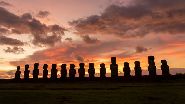 Sunrise at ahu tongariki with moai statues in easter island rapa nui chile