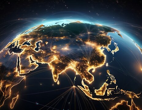 planet earth showing china glowing with interconnected cities and networks