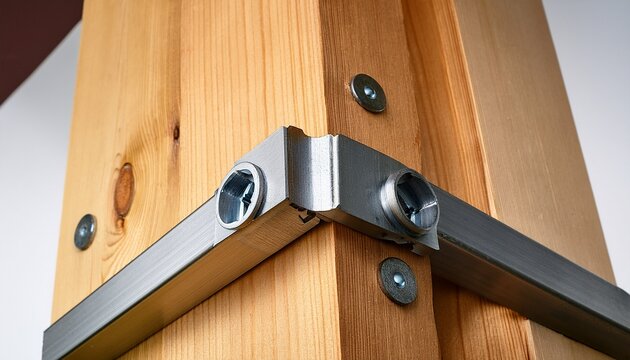 timber beam joint with metal bracket and screws
