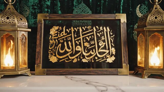 Ornate lanterns and Arabic calligraphy for Eid or Ramadan celebration