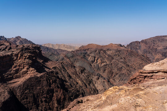 Views of Edom mountains from high ground near Petra in Jordan showcase varying rock formations and distant landscapes