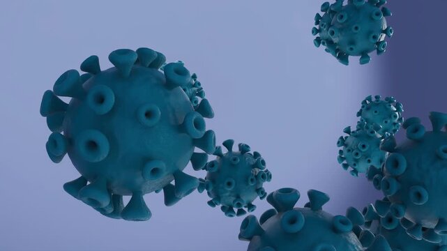 Microscopic view of blue viruses floating in the air against a light purple background during a scientific observation.