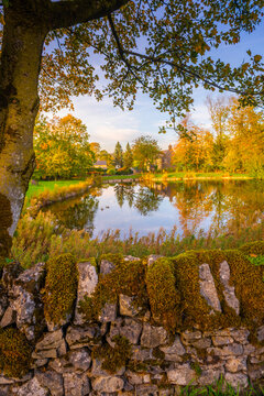 Reflections in village pond during autumn at Monyash in Bakewell Derbyshire Peak District England
