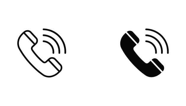 Telephone handset icon with sound waves for communication and call center support services in outline and solid black vector styles isolated on white background