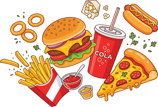 Delicious fast food vector meal with burger fries pizza and snack illustration set