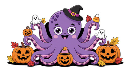 Cute purple octopus character celebrating halloween with jack-o'-lanterns and pumpkins Vector © ANOWARUL