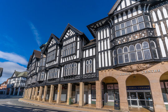 Victorian architecture in Chesterfield during autumn with clear blue sky and historical buildings in the foreground