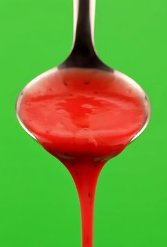 Close up of bright red sauce with visible herbs dripping from a metal spoon against a vibrant green background in studio lighting