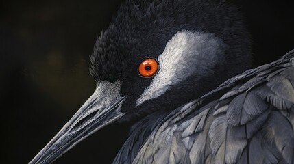 Obraz premium Close-up portrait of bird, feathered head, striking red eye. Possible use Nature photography