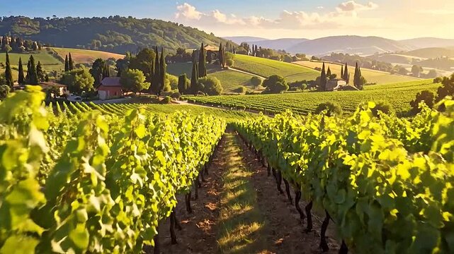 A beautiful view of a vineyard with rows of grapevines and rolling hills in the background