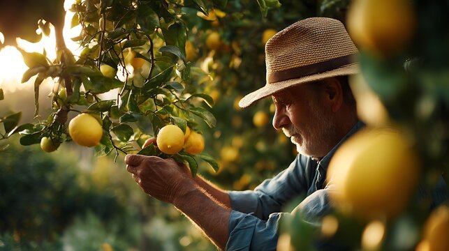 A senior male farmer harvesting ripe yellow lemons in a sunny orchard.