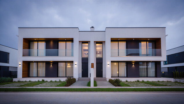 Modern white townhouses duplex exterior at dusk with clean design real estate townhouses exterior