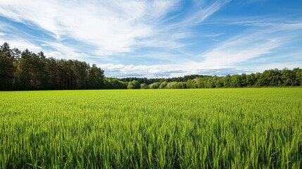 Obraz premium Field of grass-like crops with a view of a forest under a cloudy sky during daytime hours in a rural area