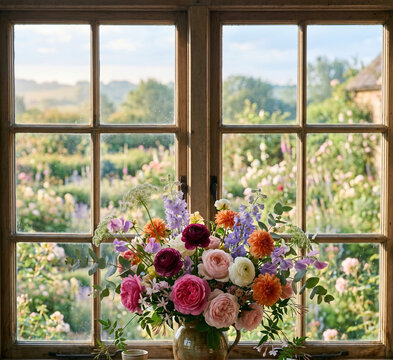 Vibrant Summer Flower Bouquet on a Rustic Wooden Windowsill Overlooking a Lush Cottage Garden