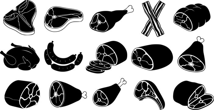 Meat and butchery vector icons set. steak and protein symbols
