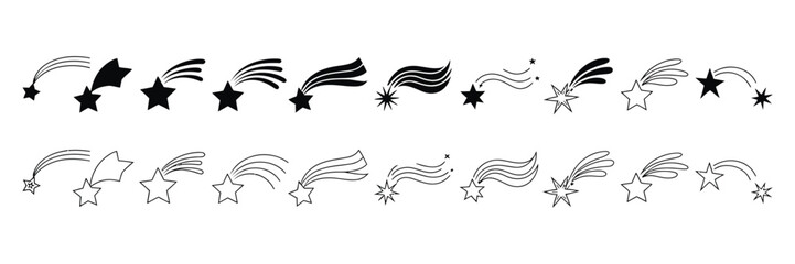 Shooting Stars icon vector set comet tail and star trail illustration sign collection representing motion speed and cosmic space fantasy concept modern design. © ABUBOKKORsiddik