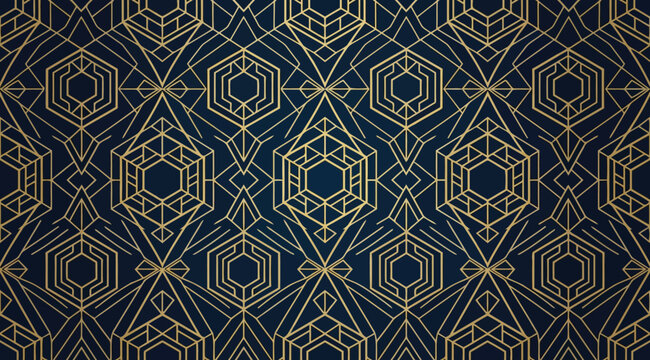 Luxury art deco seamless pattern with gold geometric hexagon lines on a dark navy blue background
