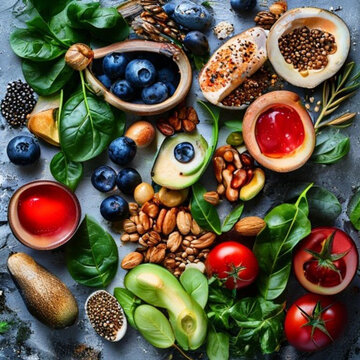 Top-Down View of Assorted Healthy Superfoods Arranged in a Border on a Grey Textured Background