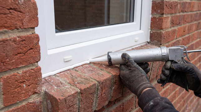 Builder applying white silicone sealant with a caulking gun to a window frame. Professional worker sealing gaps in brick wall. Home renovation, construction, and window installation.