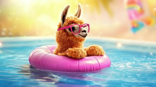 Llama character with pink glasses floating in rubber ring in swimming pool on sunny day. Cute cartoon animal enjoying summertime vacation chill concept artwork.