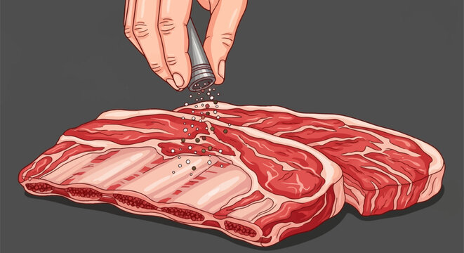 Vector illustration depicting a human hand using a metal shaker to season fresh raw beef ribs with ground peppercorns and salt on a dark grey background surface.