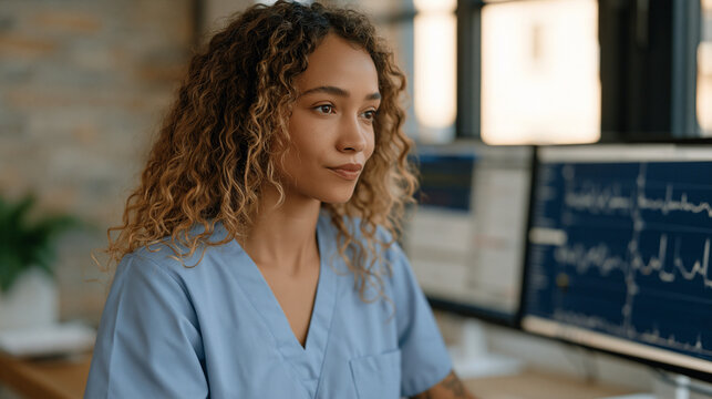 Telehealth nurse reviews incoming remote patient monitoring alerts from a rural home-based cardiac cohort at a centralized command hub, escalating two waveform anomalies to an on-call cardiologist w