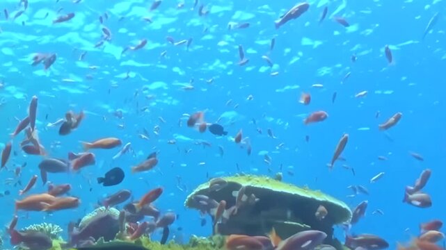 Witness a stunning underwater spectacle as vibrant schools of reddish-orange fish gracefully navigate a thriving coral reef.