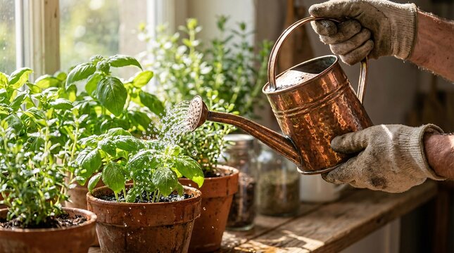 Careful hands pouring sparkling water from a vintage copper watering can onto lush green basil plants growing in terracotta pots on a windowsill.