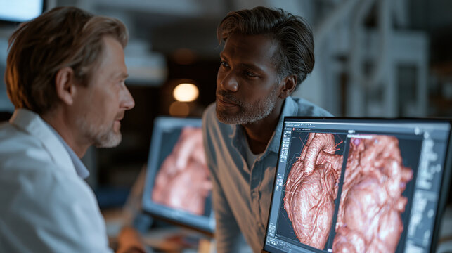 Surgical planning attending reviews patient-specific three-dimensional cardiac anatomy reconstructions with an interventional cardiology fellow in a twilight-lit cath lab reading room, volumetric ao