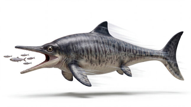 Ichthyosaurus communis hunting a school of fish, swimming swiftly with jaws open as it pursues prey, isolated on a clean white background.