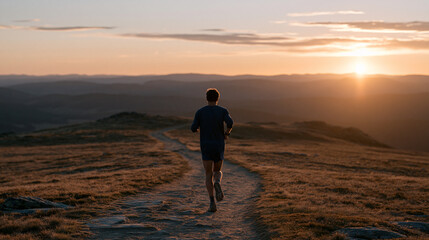 Naklejka premium Solitary ultramarathon runner on a remote mountain trail at the June summer solstice, elevation markers visible on a GPS watch, an empty desolate ridge stretching ahead under a wide dramatic sky at 