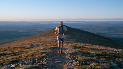 Naklejka premium Solitary ultramarathon runner on a remote mountain trail at the June summer solstice, elevation markers visible on a GPS watch, an empty desolate ridge stretching ahead under a wide dramatic sky at 
