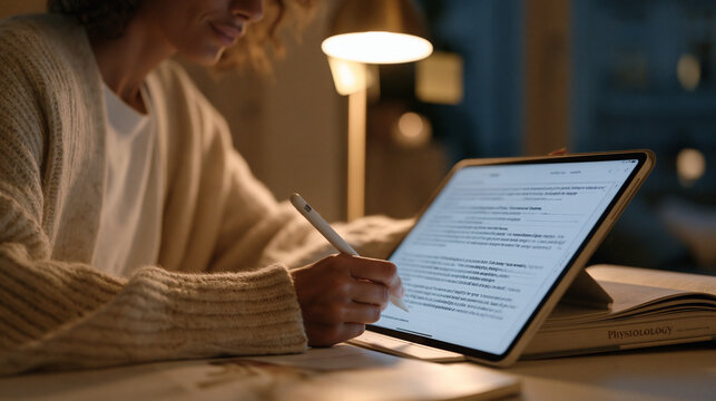Single spaced repetition flashcard app screen close up, a university student's stylus hovering over an anatomy term, dim dormitory desk lamp illuminating sticky notes and a open physiology textbook 