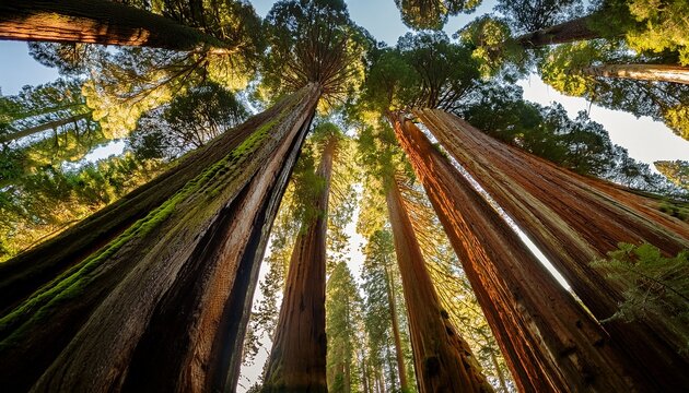 sequoia forest canopy in california with dappled light