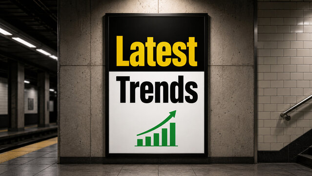 Subway station advertisement mockup featuring "Latest Trends" text on a large black and white poster with a green growth bar chart icon