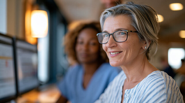 Predictive readmission social work team reviews high-risk discharge population segments on a shared analytics workstation in a health system care management suite, correlating social determinants of