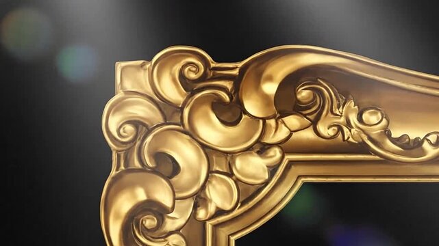 A golden ornate picture frame is illuminated by spotlights against a dark background