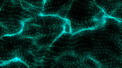 Fototapeta na wymiar Abstract futuristic wave with moving dots. Flow of colored particles and lines. Cyber technology illustration. Big data visualization. 3d rendering