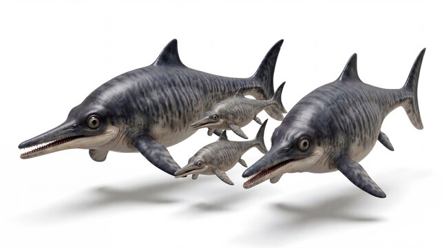 Ichthyosaurus communis family group swimming forward isolated on white background, detailed prehistoric marine scene showing coordinated movement and social behavior.
