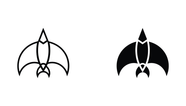 Rocket ship launch icon set featuring abstract aerodynamic shape in both outline and solid black silhouette styles for space travel and innovation branding